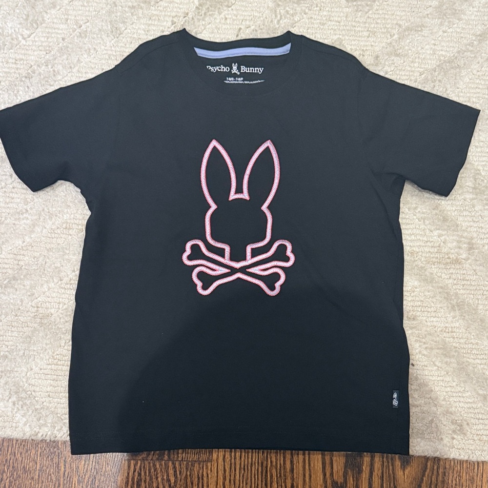 Black psycho Bunny Kids Tee with Pink Bunny Logo